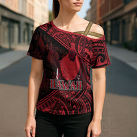 Hawaii King Kamehameha Cross Shoulder Shirt With Hawaiian Ipu Motifs Red Version