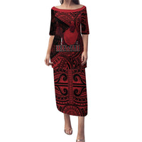 Hawaii King Kamehameha Family Matching Puletasi and Hawaiian Shirt With Hawaiian Ipu Motifs Red Version