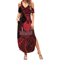 Hawaii King Kamehameha Family Matching Summer Maxi Dress and Hawaiian Shirt With Hawaiian Ipu Motifs Red Version LT05 Mom's Dress Red - Polynesian Pride