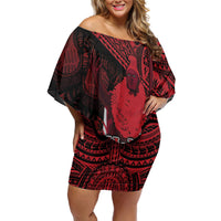 Hawaii King Kamehameha Off Shoulder Short Dress With Hawaiian Ipu Motifs Red Version