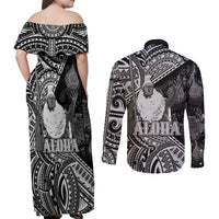 Hawaii King Kamehameha Couples Matching Off Shoulder Maxi Dress and Long Sleeve Button Shirt With Hawaiian Ipu Motifs Black Version LT05 - Polynesian Pride