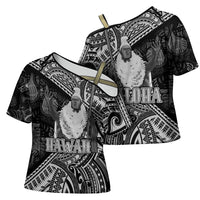 Hawaii King Kamehameha Cross Shoulder Shirt With Hawaiian Ipu Motifs Black Version