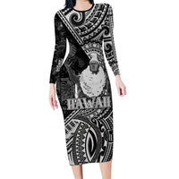 Hawaii King Kamehameha Long Sleeve Bodycon Dress With Hawaiian Ipu Motifs Black Version LT05 Long Dress Black - Polynesian Pride