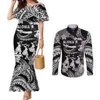 Hawaii Beautiful Hula Dancers Couples Matching Mermaid Dress and Long Sleeve Button Shirt With Ipu Keke And Pahu Drum