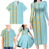 Hawaii Shell Tiare Anthurium Heliconia Lei Family Matching Long Sleeve Bodycon Dress and Hawaiian Shirt With Tapa Pattern Baby Blue
