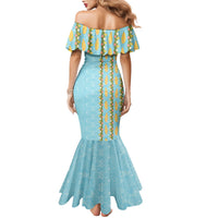 Hawaii Shell Tiare Anthurium Heliconia Lei Family Matching Mermaid Dress and Hawaiian Shirt With Tapa Pattern Baby Blue
