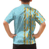 Hawaii Shell Tiare Anthurium Heliconia Lei Family Matching Off Shoulder Short Dress and Hawaiian Shirt With Tapa Pattern Baby Blue