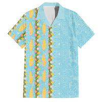 Hawaii Shell Tiare Anthurium Heliconia Lei Family Matching Short Sleeve Bodycon Dress and Hawaiian Shirt With Tapa Pattern Baby Blue