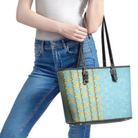 Hawaii Shell Tiare Anthurium Heliconia Lei Leather Tote Bag With Tapa Pattern Baby Blue