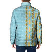 Hawaii Shell Tiare Anthurium Heliconia Lei Padded Jacket With Tapa Pattern Baby Blue