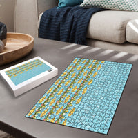 Hawaii Shell Tiare Anthurium Heliconia Lei Puzzle With Tapa Pattern Baby Blue