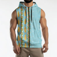 Hawaii Shell Tiare Anthurium Heliconia Lei Sleeveless Zip Hoodie With Tapa Pattern Baby Blue