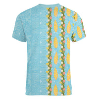 Hawaii Shell Tiare Anthurium Heliconia Lei Women V-Neck T-Shirt With Tapa Pattern Baby Blue