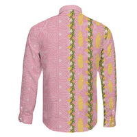 Hawaii Shell Tiare Anthurium Heliconia Lei Family Matching Off The Shoulder Long Sleeve Dress and Hawaiian Shirt With Tapa Pattern Baby Pink LT05 - Polynesian Pride