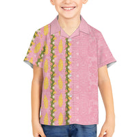 Hawaii Shell Tiare Anthurium Heliconia Lei Family Matching Off Shoulder Maxi Dress and Hawaiian Shirt With Tapa Pattern Baby Pink