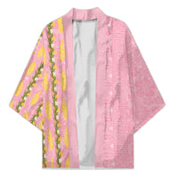 Hawaii Shell Tiare Anthurium Heliconia Lei Kimono With Tapa Pattern Baby Pink