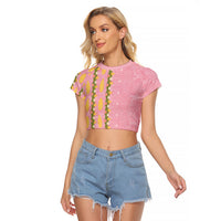 Hawaii Shell Tiare Anthurium Heliconia Lei Raglan Cropped T Shirt With Tapa Pattern Baby Pink