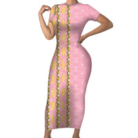 Hawaii Shell Tiare Anthurium Heliconia Lei Short Sleeve Bodycon Dress With Tapa Pattern Baby Pink