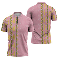 Hawaii Shell Tiare Anthurium Heliconia Lei Zipper Polo Shirt With Tapa Pattern Baby Pink