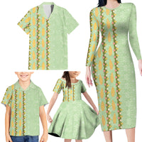 Hawaii Shell Tiare Anthurium Heliconia Lei Family Matching Long Sleeve Bodycon Dress and Hawaiian Shirt With Tapa Pattern Baby Green LT05 - Polynesian Pride