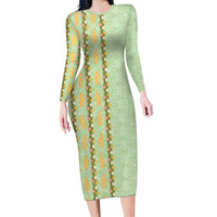 Hawaii Shell Tiare Anthurium Heliconia Lei Family Matching Long Sleeve Bodycon Dress and Hawaiian Shirt With Tapa Pattern Baby Green LT05 Mom's Dress Green - Polynesian Pride