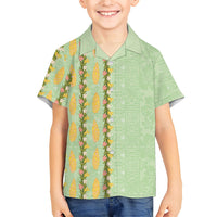 Hawaii Shell Tiare Anthurium Heliconia Lei Family Matching Off The Shoulder Long Sleeve Dress and Hawaiian Shirt With Tapa Pattern Baby Green LT05 Son's Shirt Green - Polynesian Pride