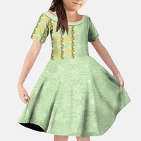 Hawaii Shell Tiare Anthurium Heliconia Lei Family Matching Short Sleeve Bodycon Dress and Hawaiian Shirt With Tapa Pattern Baby Green LT05 Daughter's Dress Green - Polynesian Pride