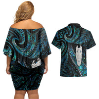 New Zealand Aotearoa Couples Matching Off Shoulder Short Dress and Hawaiian Shirt Maori Tane Te Waiora Paua Shell Glitter Turquoise LT05 - Polynesian Pride