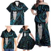 New Zealand Aotearoa Family Matching Off Shoulder Maxi Dress and Hawaiian Shirt Maori Tane Te Waiora Paua Shell Glitter Turquoise LT05 - Polynesian Pride