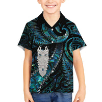 New Zealand Aotearoa Family Matching Off Shoulder Short Dress and Hawaiian Shirt Maori Tane Te Waiora Paua Shell Glitter Turquoise LT05 Son's Shirt Turquoise - Polynesian Pride
