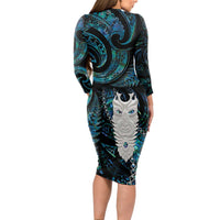 New Zealand Aotearoa Long Sleeve Bodycon Dress Maori Tane Te Waiora Paua Shell Glitter Turquoise