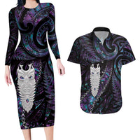 New Zealand Aotearoa Couples Matching Long Sleeve Bodycon Dress and Hawaiian Shirt Maori Tane Te Waiora Paua Shell Glitter Purple LT05 Purple - Polynesian Pride