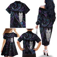 New Zealand Aotearoa Family Matching Off The Shoulder Long Sleeve Dress and Hawaiian Shirt Maori Tane Te Waiora Paua Shell Glitter Purple
