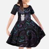 New Zealand Aotearoa Family Matching Short Sleeve Bodycon Dress and Hawaiian Shirt Maori Tane Te Waiora Paua Shell Glitter Purple LT05 Daughter's Dress Purple - Polynesian Pride