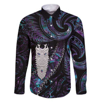 New Zealand Aotearoa Family Matching Tank Maxi Dress and Hawaiian Shirt Maori Tane Te Waiora Paua Shell Glitter Purple LT05 Dad's Shirt - Long Sleeve Purple - Polynesian Pride