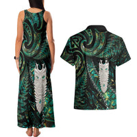 New Zealand Aotearoa Couples Matching Tank Maxi Dress and Hawaiian Shirt Maori Tane Te Waiora Paua Shell Glitter Green LT05 - Polynesian Pride