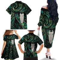 New Zealand Aotearoa Family Matching Off The Shoulder Long Sleeve Dress and Hawaiian Shirt Maori Tane Te Waiora Paua Shell Glitter Green