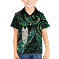 New Zealand Aotearoa Family Matching Off Shoulder Maxi Dress and Hawaiian Shirt Maori Tane Te Waiora Paua Shell Glitter Green LT05 Son's Shirt Green - Polynesian Pride