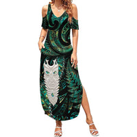 New Zealand Aotearoa Family Matching Summer Maxi Dress and Hawaiian Shirt Maori Tane Te Waiora Paua Shell Glitter Green LT05 Mom's Dress Green - Polynesian Pride
