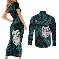 New Zealand Aotearoa Couples Matching Short Sleeve Bodycon Dress and Long Sleeve Button Shirt Maori Wheku Paua Shell Glitter Turquoise