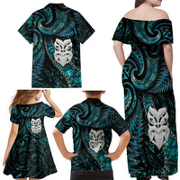 New Zealand Aotearoa Family Matching Off Shoulder Maxi Dress and Hawaiian Shirt Maori Wheku Paua Shell Glitter Turquoise LT05 - Polynesian Pride