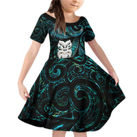 New Zealand Aotearoa Family Matching Off Shoulder Short Dress and Hawaiian Shirt Maori Wheku Paua Shell Glitter Turquoise LT05 Daughter's Dress Turquoise - Polynesian Pride