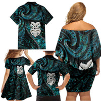 New Zealand Aotearoa Family Matching Off Shoulder Short Dress and Hawaiian Shirt Maori Wheku Paua Shell Glitter Turquoise LT05 - Polynesian Pride
