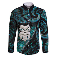 New Zealand Aotearoa Family Matching Short Sleeve Bodycon Dress and Hawaiian Shirt Maori Wheku Paua Shell Glitter Turquoise LT05 Dad's Shirt - Long Sleeve Turquoise - Polynesian Pride