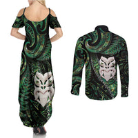New Zealand Aotearoa Couples Matching Summer Maxi Dress and Long Sleeve Button Shirt Maori Wheku Paua Shell Glitter Green LT05 - Polynesian Pride