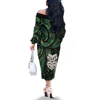 New Zealand Aotearoa Family Matching Off The Shoulder Long Sleeve Dress and Hawaiian Shirt Maori Wheku Paua Shell Glitter Green
