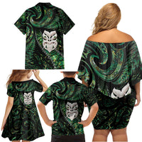 New Zealand Aotearoa Family Matching Off Shoulder Short Dress and Hawaiian Shirt Maori Wheku Paua Shell Glitter Green LT05 - Polynesian Pride