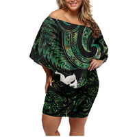 New Zealand Aotearoa Family Matching Off Shoulder Short Dress and Hawaiian Shirt Maori Wheku Paua Shell Glitter Green LT05 Mom's Dress Green - Polynesian Pride