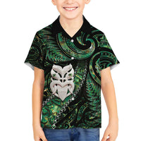 New Zealand Aotearoa Family Matching Tank Maxi Dress and Hawaiian Shirt Maori Wheku Paua Shell Glitter Green LT05 Son's Shirt Green - Polynesian Pride