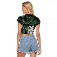 New Zealand Aotearoa Raglan Cropped T Shirt Maori Wheku Paua Shell Glitter Green LT05 - Polynesian Pride